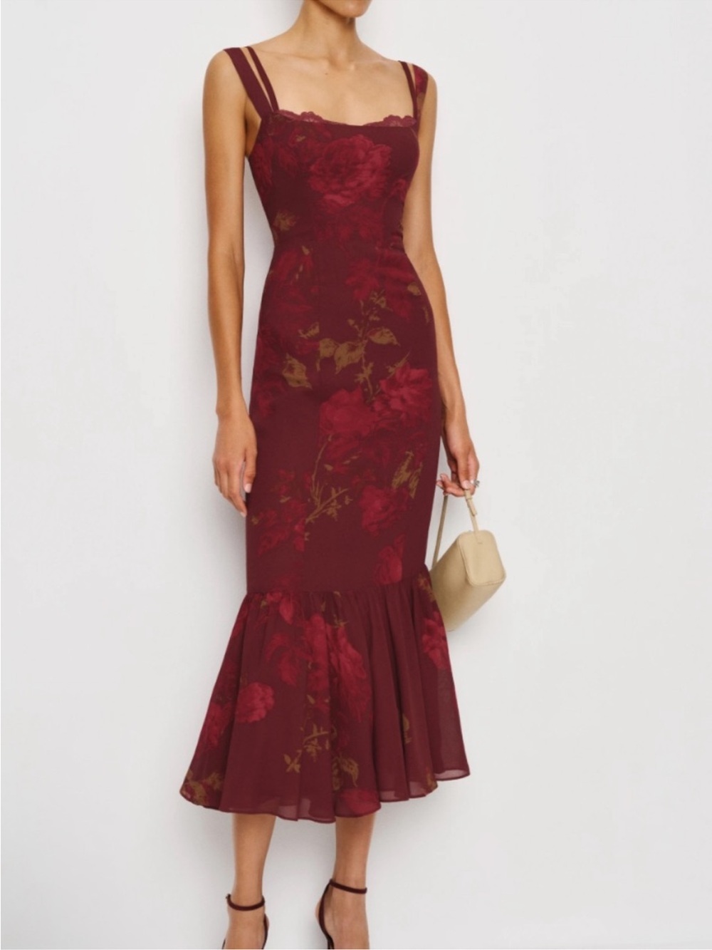 NWOT Reformation Iris Burgundy Wine Floral Whimsy Sz 12 Midi Dress - Picture 2 of 11